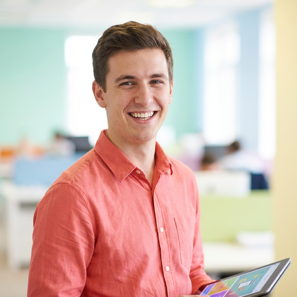 Empleado de empresa sonriendo junto a una pizarra